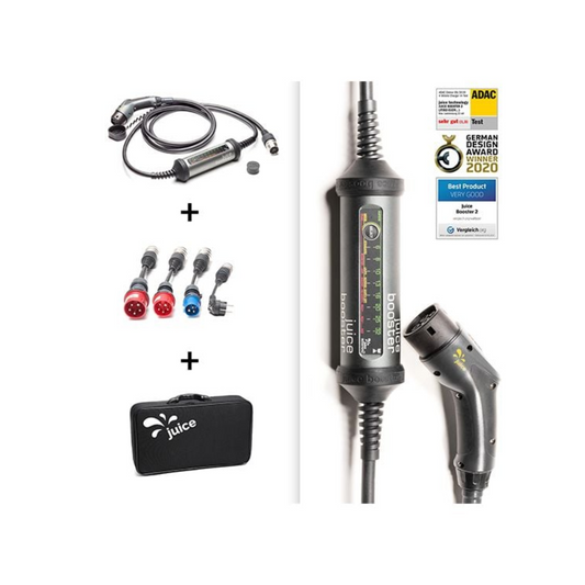 Juice Booster 2 + German Traveller Set – 22 kW, 5,2 m Typ 2 Kabel, FI-Schutz, 4 Adapter