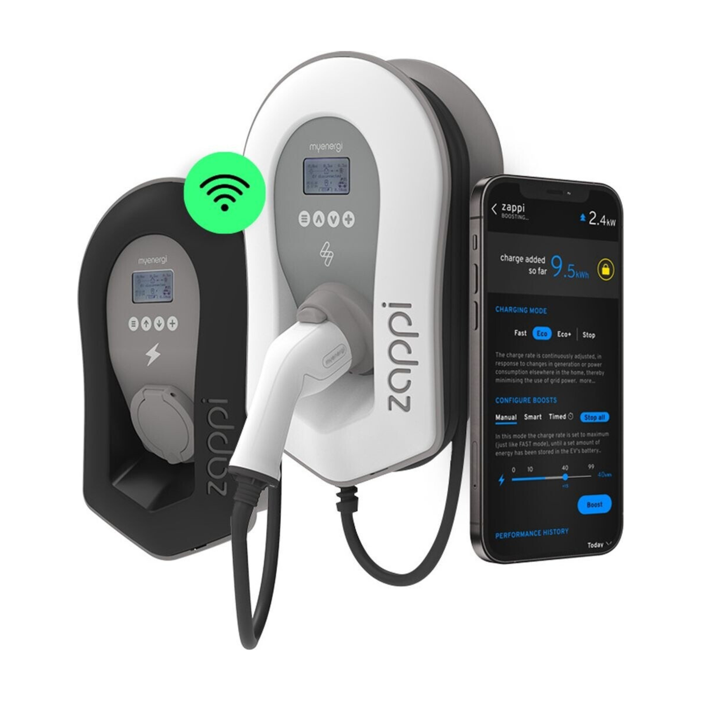 myenergi zappi 2H22TB-T v2.1 Wallbox 11kW/22kW – 6,5m Typ-2 Kabel, PV-Überschussladen, Weiß, WLAN/LAN